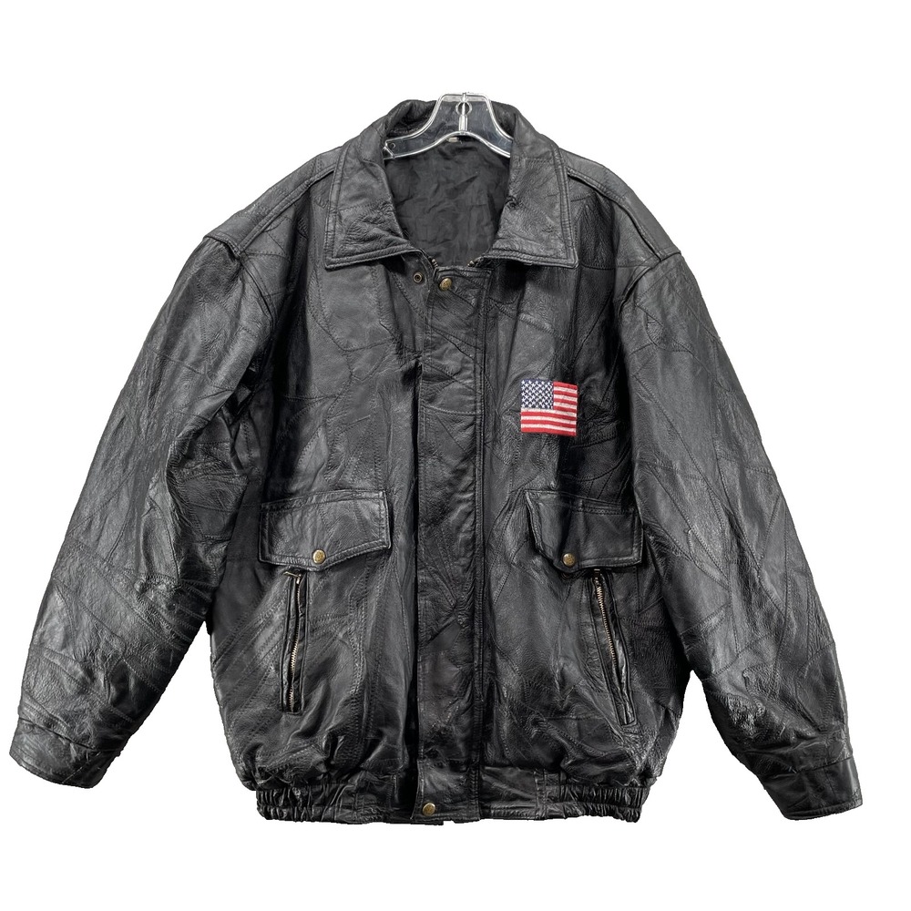 VTG Bomber Jacket Men's 2XL Black Leather Moto Biker Rocker Workwear Flag Flight